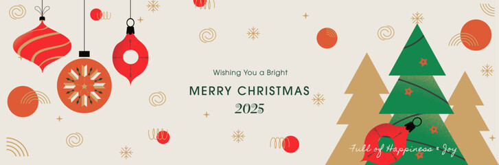 Merry Christmas and Happy New Year greeting cards. Xmas Design with tree, shapes, christmas ball and typography. Minimal christmas illustration for invitation, website, banner, poster, cover, ads.