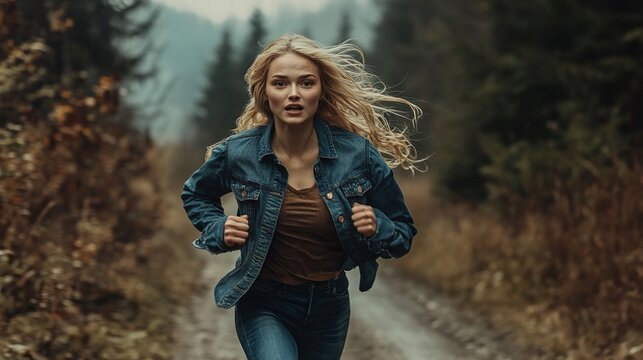 panic and fear in a blonde woman's face as she runs away outdoors urgency and anxiety showing in every step as she flees distressed and scared young woman fleeing a threatening situation