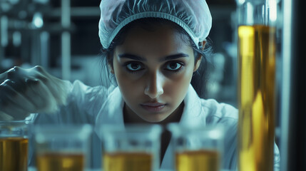 Focused Female Scientist Conducting Tests in a Laboratory with Glass Beakers and Liquids