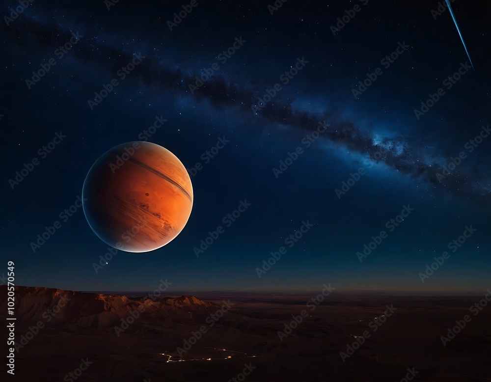 Sticker view of a planetary system. a large, ringed planet dominates the sky, while a smaller blue planet an