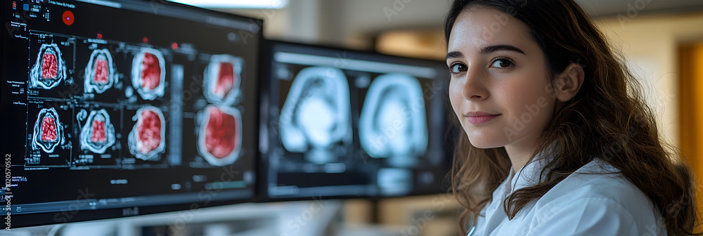 Poster female medical professional,likely a radiologist,intently examining a series of brain scans displaye