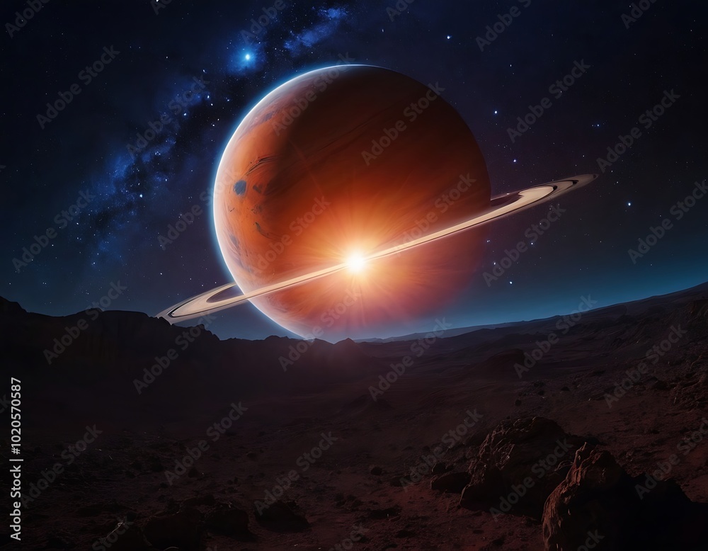 Wall mural view of a planetary system. a large, ringed planet dominates the sky, while a smaller blue planet an