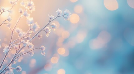 Delicate frost-covered winter branch with soft bokeh light background in pastel tones