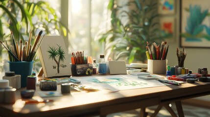 A table displays a painting and has various brushes on it
