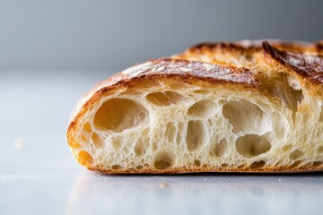 Sliced French baguette with a golden crust displayed on a white surface showcasing its interior
