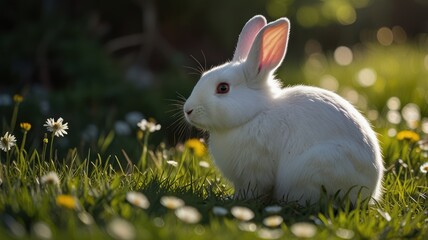 Fototapeta premium A white rabbit with red eyes sits in a field of green grass and white daisies.