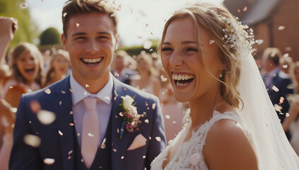 Happy Bride and Groom Celebrating Wedding Day Outdoors with Confetti