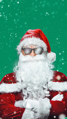 Attractive, cool, smiling Cool Santa Claus - Positive Christmas or New Year concept. High vertical poster.
