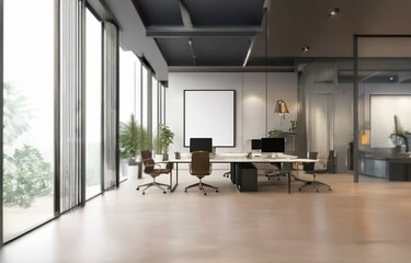 Fototapeta premium Modern office interior with large windows, a desk, chairs, potted plants, and a blank framed canvas.