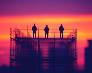 Three silhouettes stand on scaffolding during a vibrant sunset, showcasing a blend of colors and the beauty of construction.