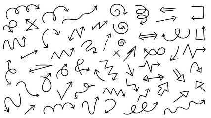 Set of hand drawn arrows in different styles and directions. Collection of simple line drawn black arrows.