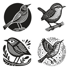 Obraz premium wren icon vector illustration linocut black and white clipart