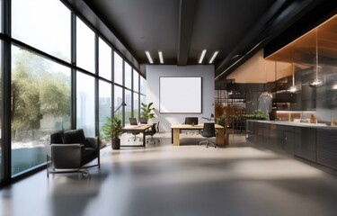 Obraz premium A modern office interior with large windows, sleek black furniture, and a blank canvas on the wall.