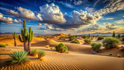Vast stretches of golden sand dunes contrast with green cacti and shrubs, all illuminated by a warm glow as fluffy clouds drift across the expansive sky