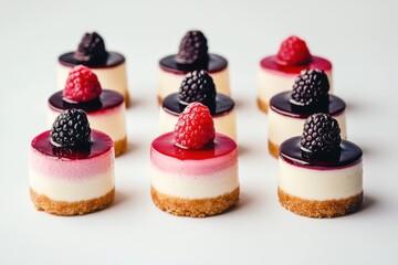 Mini cheesecakes topped with berries arranged on a minimalist background for a dessert display
