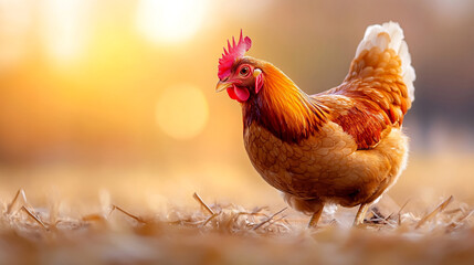 Fototapeta premium Portrait of a chicken. A chicken stands in a field.