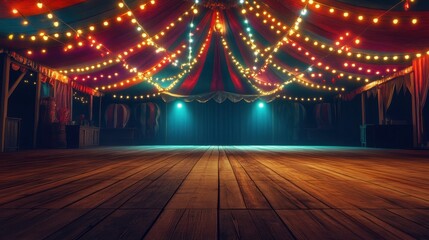 A bright red and white circus tent stands illuminated against the night sky