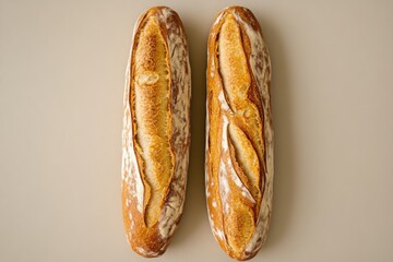 Two freshly baked French baguettes arranged side by side on a neutral background