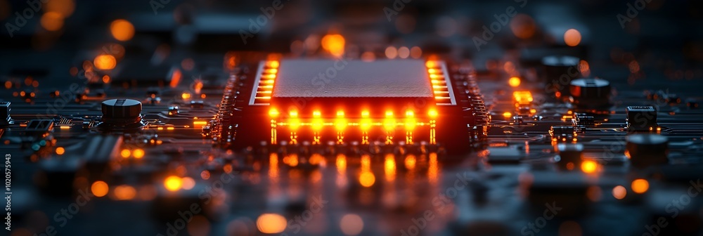 Poster Glowing circuit board with microchips and electronic components. Futuristic digital technology abstract background with bright colorful illuminated patterns and textures.