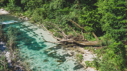 Turquoise river contrasting the green vegetation of the riverbank