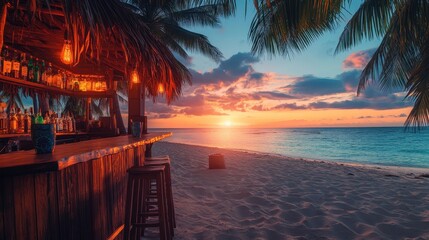 A tropical beach bar at sunset, with palm trees swaying and the ocean in the background, creating a relaxing, fun party vibe perfect for a night of cocktails by the sea
