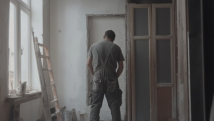 Renovation Worker Taking a Break in a Partially Completed Room of a Building