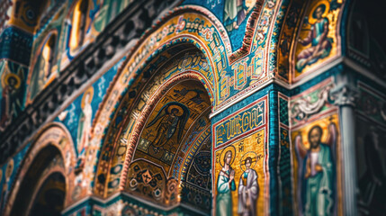 Obraz premium Intricate Religious Mosaics on Historic Church Arches with Vibrant Colors and Detailed Artwork