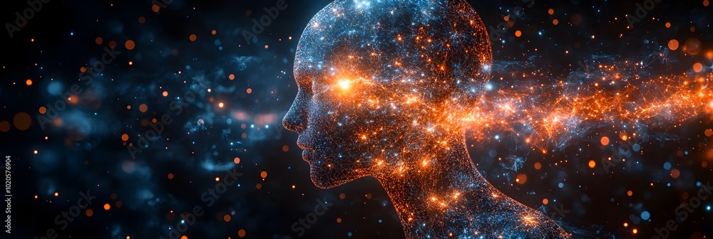 Poster Glowing neural network structure surrounded by a cosmic nebula of stars,symbolizing the immense potential and complexity of the human mind and its ability to generate innovative thinking.