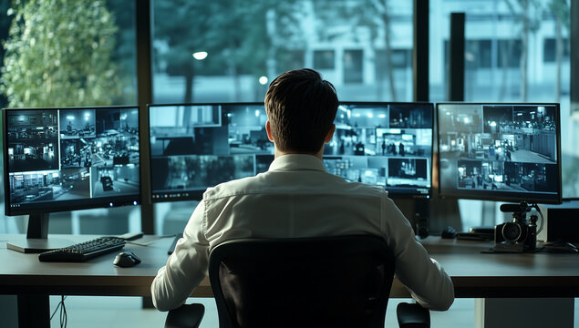 Security Operator Monitoring Multiple CCTV Screens in a Control Room