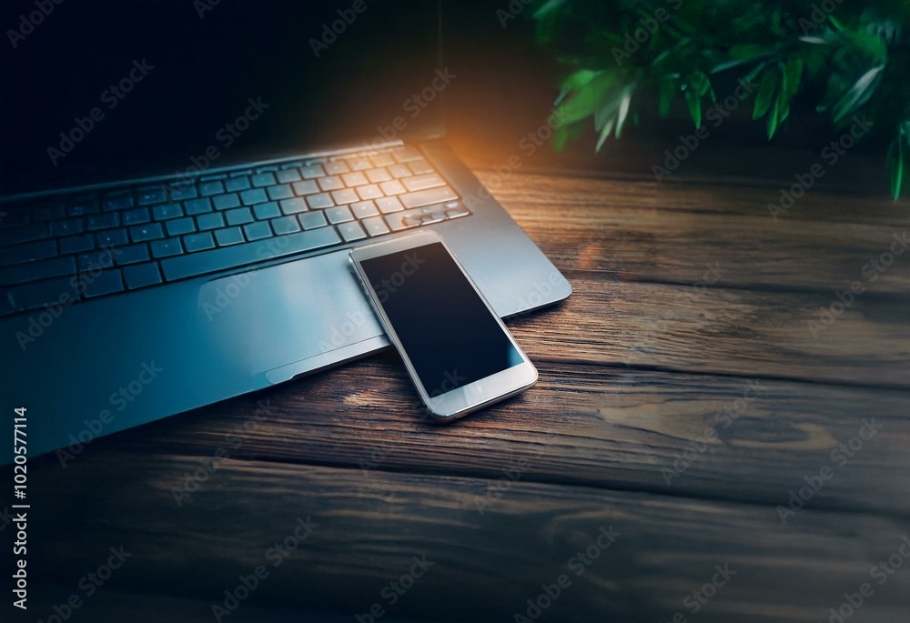 Poster a laptop and smartphone lie on a wooden surface. a green plant partially obscures the top of the ima