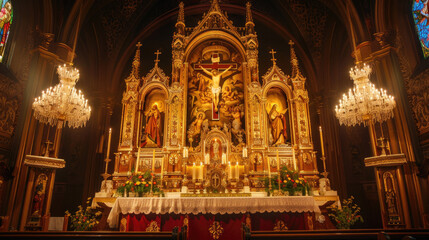 Fototapeta premium Ornate Golden Altar in a Historic Church with Chandeliers and Religious Icons