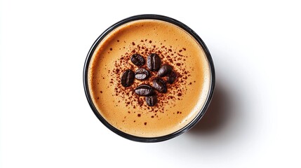 cappuccino coffee in a glass cup with creamy foam, view from above, isolated on white background, delicious hot drink perfect for cafes and coffee lovers, barista style cappuccino