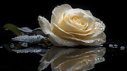 A single white rose elegantly placed on a reflective surface, symbolizing purity, remembrance, and elegance. The image highlights the delicate beauty of the flower against the smooth and glossy backgr