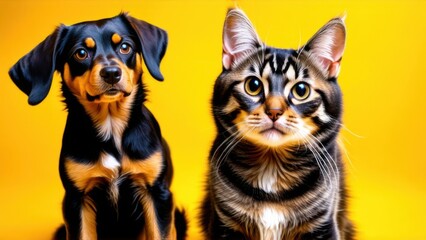 Obraz premium Black and brown dog and cat portrait together on yellow background isolated