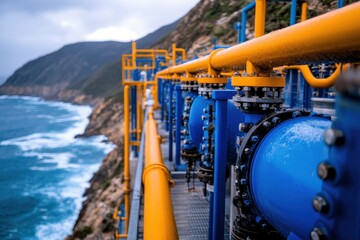 Vast industrial pipes run parallel to a rugged coastline while ocean waves crash below, combining human engineering and natural beauty in one frame.