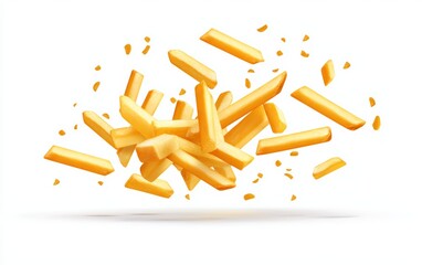 Obraz premium Falling French fries in motion, isolated on white, crisp and golden, perfect for food-related visuals, fast food marketing, or dynamic menu designs