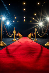 Glamorous Red Carpet Event with Spotlights and Golden Stanchions, Highlighting Luxury and Prestige