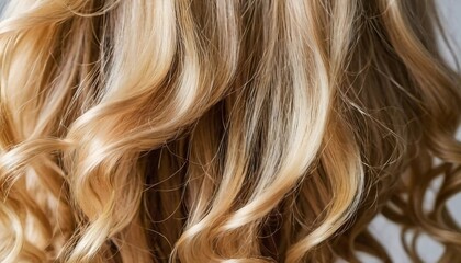 Fototapeta premium Soft, luminous curls highlighting the vibrant and healthy texture of the blond hair. The close-up captures the intricate details beautifully. Care cosmetics. Generative AI