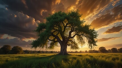Fototapeta premium A lone tree stands tall in a field at sunset, with dramatic clouds and golden light.