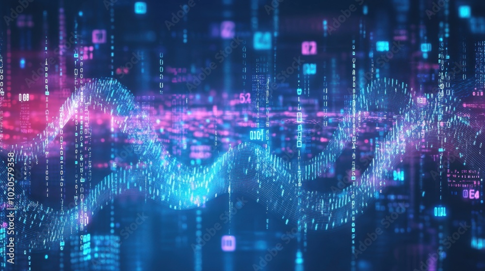 Poster abstract technology background with waves of light, binary codes, and connected digital points for f