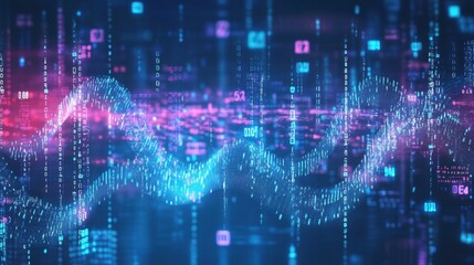 Obraz premium Abstract technology background with waves of light, binary codes, and connected digital points for futuristic internet business and big data concepts