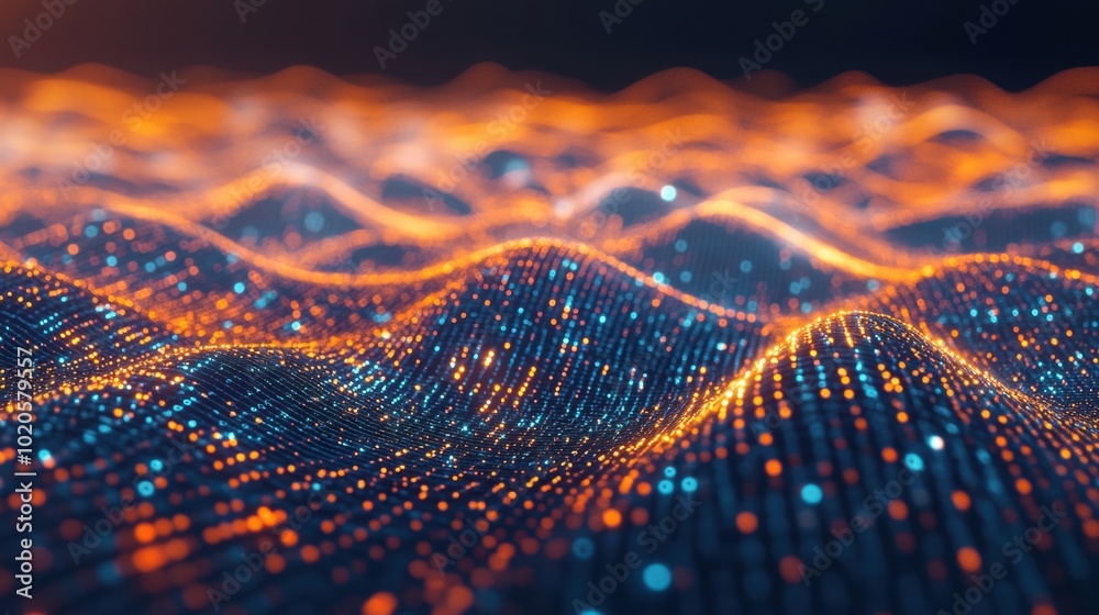 Poster abstract technology background with waves of light, binary codes, and connected digital points for f
