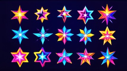 Obraz premium Retro futuristic sparkle icons collection. Set of star shapes. Abstract cool shine effect sign vector design. Templates for design, posters, projects, banners, logo, and business cards