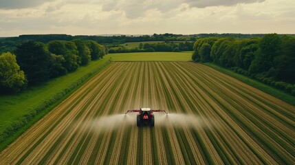 Fototapeta premium Aerial shot of a farm tractor spraying crops with pesticides, captured from a drone, showing the vast, orderly field and modern farming techniques