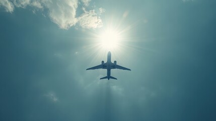 Airplane ascending into the sky from the airport, with bright sunlight illuminating the aircraft, evoking a sense of excitement and travel adventure