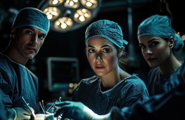 Team of three surgeons performing a complex surgical procedure in an operating room with focused teamwork and precision
