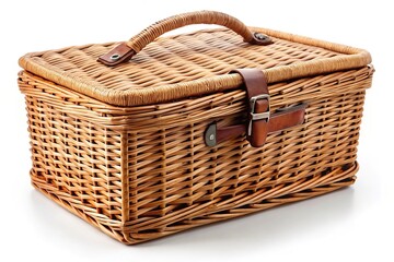 Forced perspective handmade wicker picnic basket over white backdrop