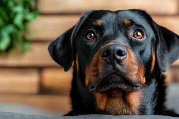 Fototapeta premium A close-up of a Rottweiler dog with soulful eyes, indoors, illustrating companionship, loyalty, and warmth, evoking emotions of trust and affection.