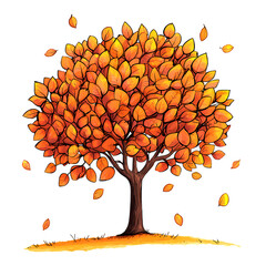 Watercolor painting of a vibrant autumn tree with orange and yellow leaves isolated on transparent background