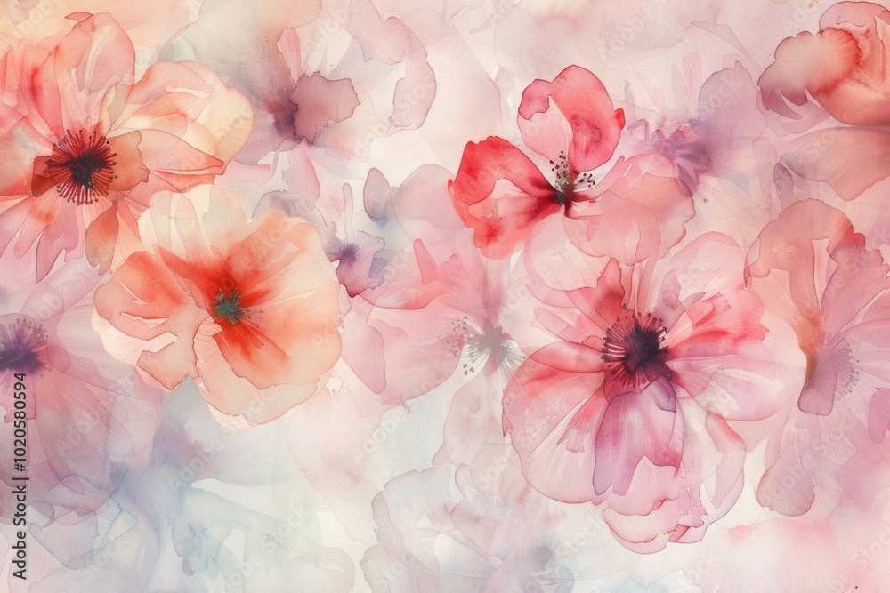 Wall mural Delicate watercolor flowers showcase soft tones, blending hues of pink and coral in an enchanting display of nature's beauty. Generative AI